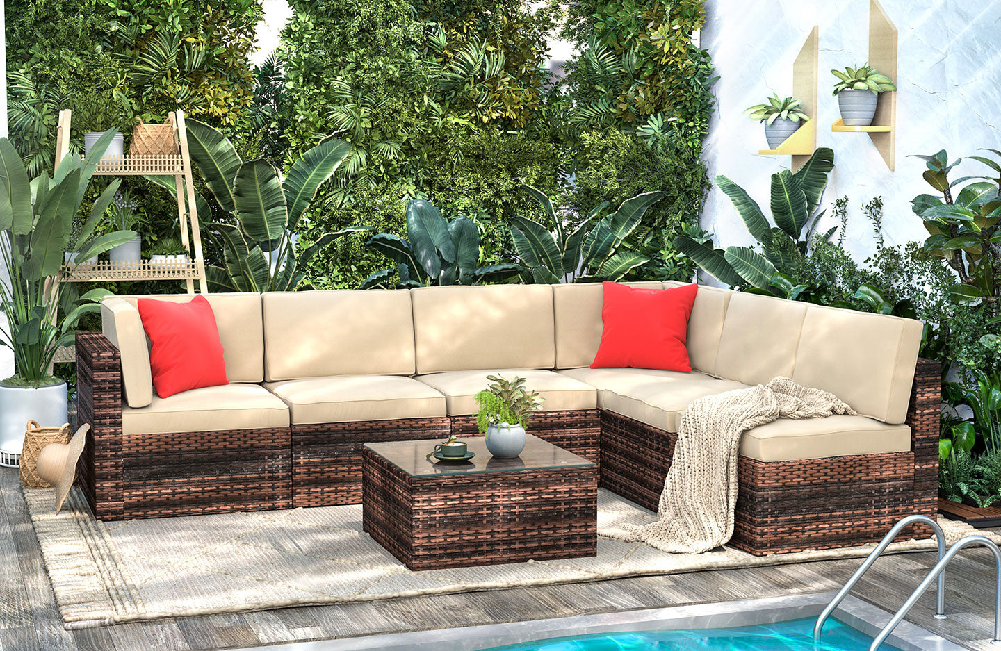 6 Seater Outdoor Furniture Pe Rattan Garden Patio Sectional Sofa Table Set Brown
