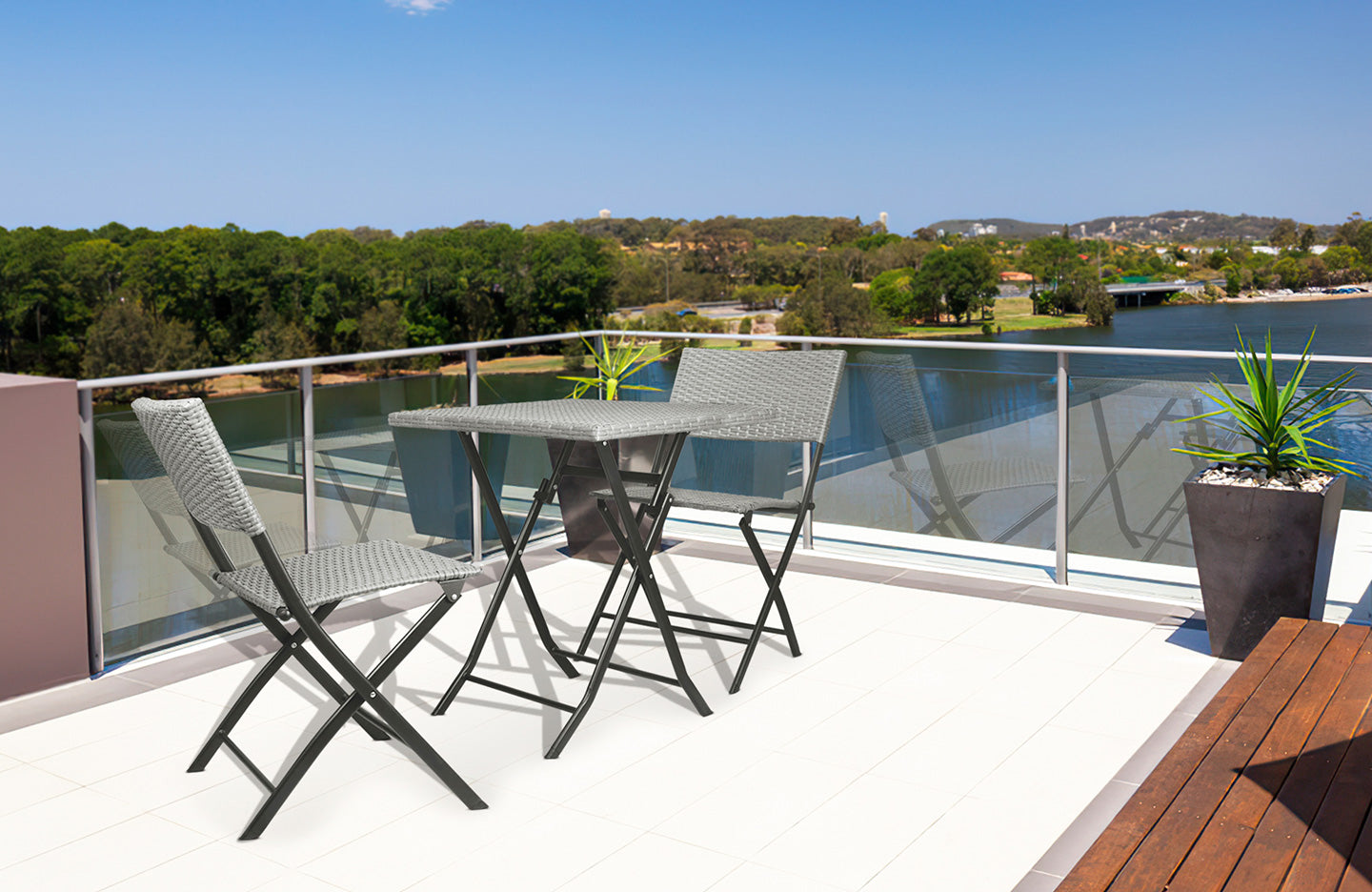 3 Pcs Foldable Bistro Set Rattan Furniture Outdoor Garden Table And Chairs Grey