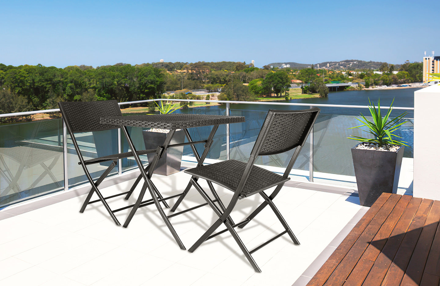 3 Pcs Folding Bistro Set Rattan Furniture Outdoor Garden Table And Chairs Black