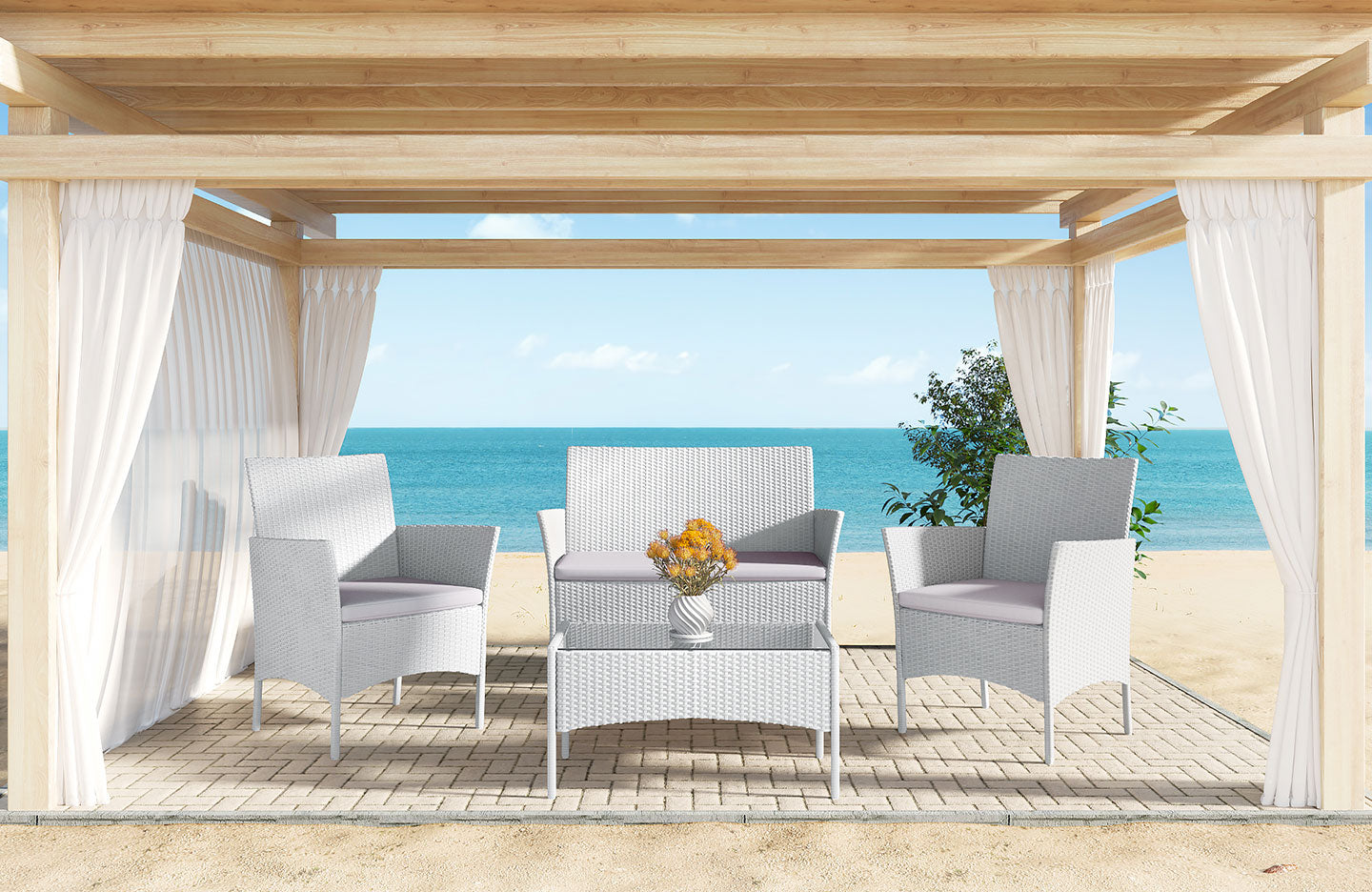 Outdoor Furniture 4 Piece Pe Rattan Patio Set With Armchairs Double Sofa Table Cushion Grey