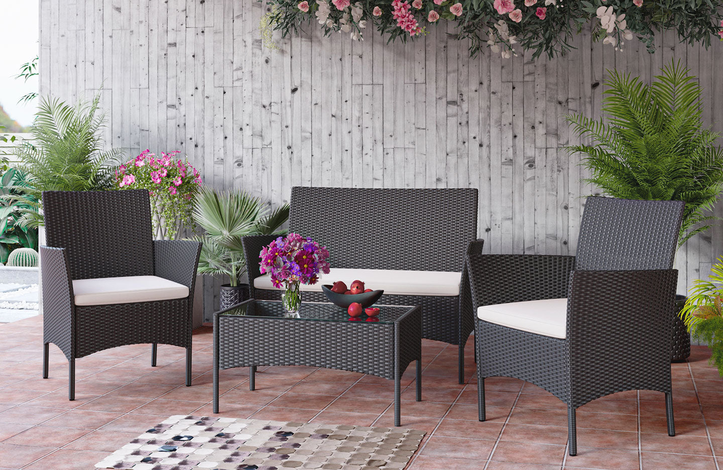Rattan Garden Furniture 4 Piece Patio Set With 2 Single Chairs  1 Double Sofa And 1 Table Black