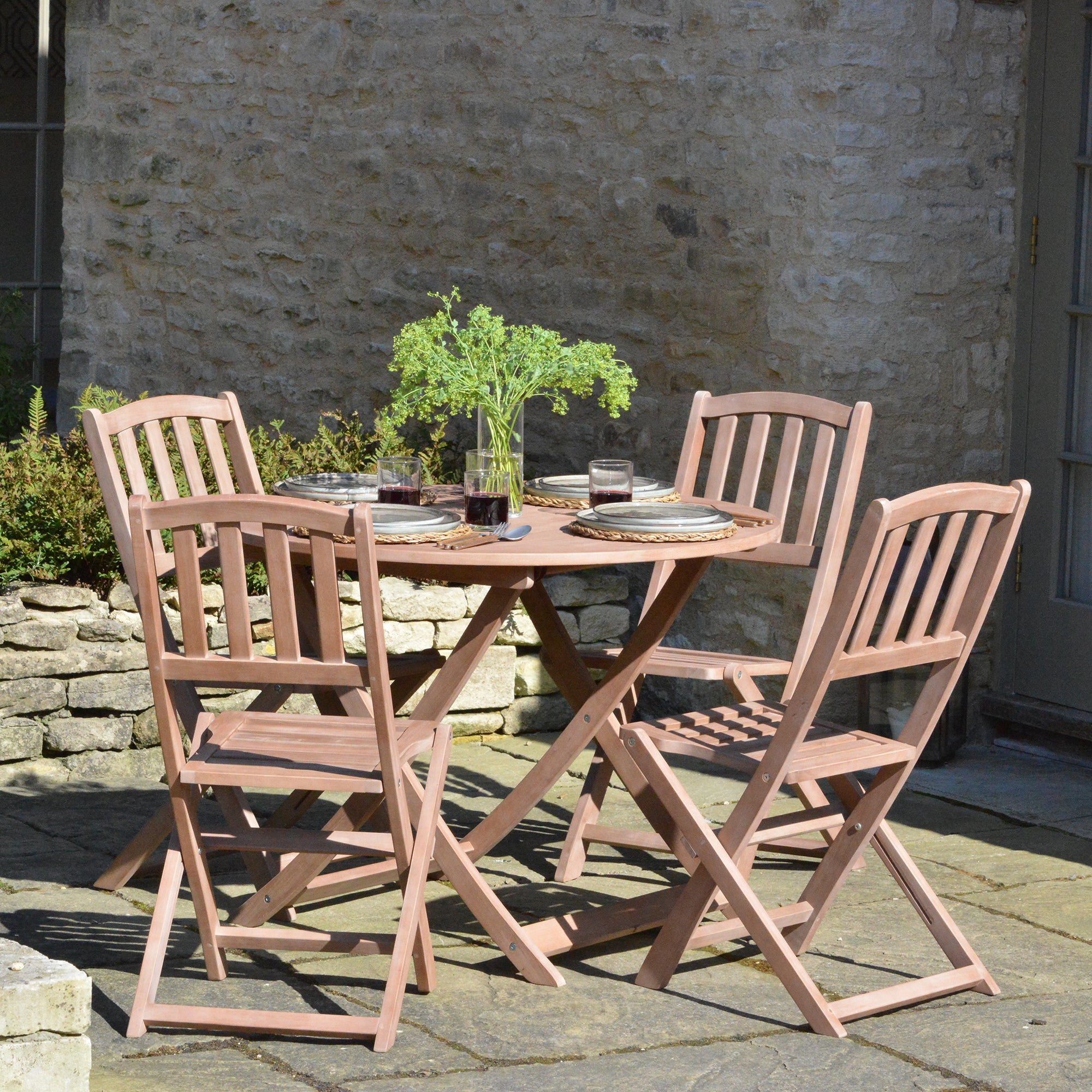 Repton Teak Family Bistro Furniture Set 4 Fold Down Chairs And Table Set  W100cm X H74cm Table  W56cm X H88cm Chair  Eucalyptus Wood  All Weather