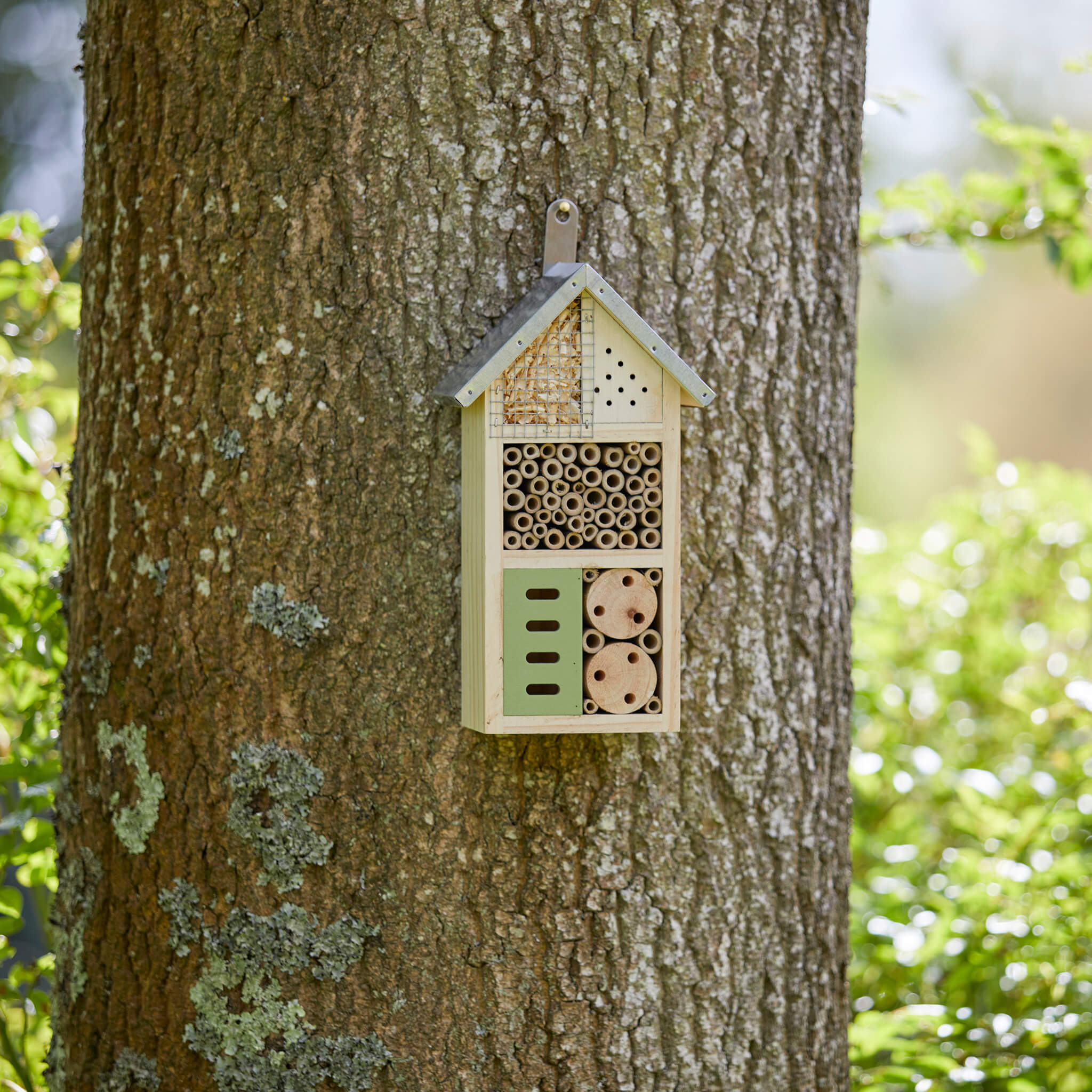Three Floor Wooden Insect House With Metal Roof